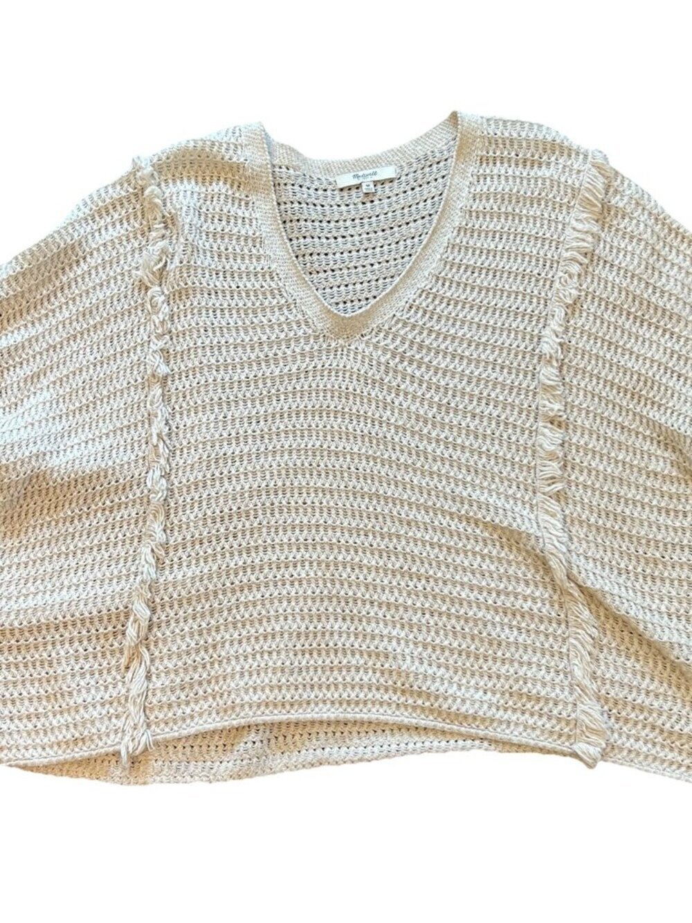 Madewell Women's Crochet Fringe Short Sleeve Knit Sweater Size Medium Tan Boho